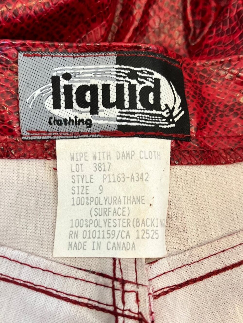 Vintage 90's / Y2K Liquid Clothing Red Faux Snakeskin Flare Pants size 9 - Picture 5 of 6